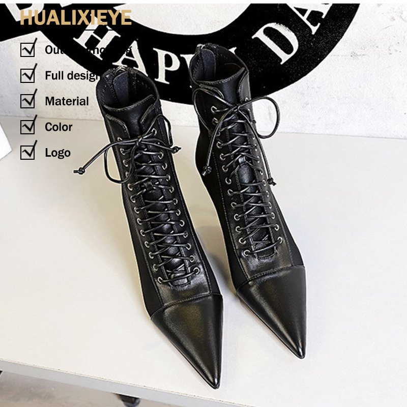 Custom Designer Bandage High Heels PU Insole Fashion Sexy for Winter Women's Pointed Toe Ankle Boots with Cross-Tied Lace