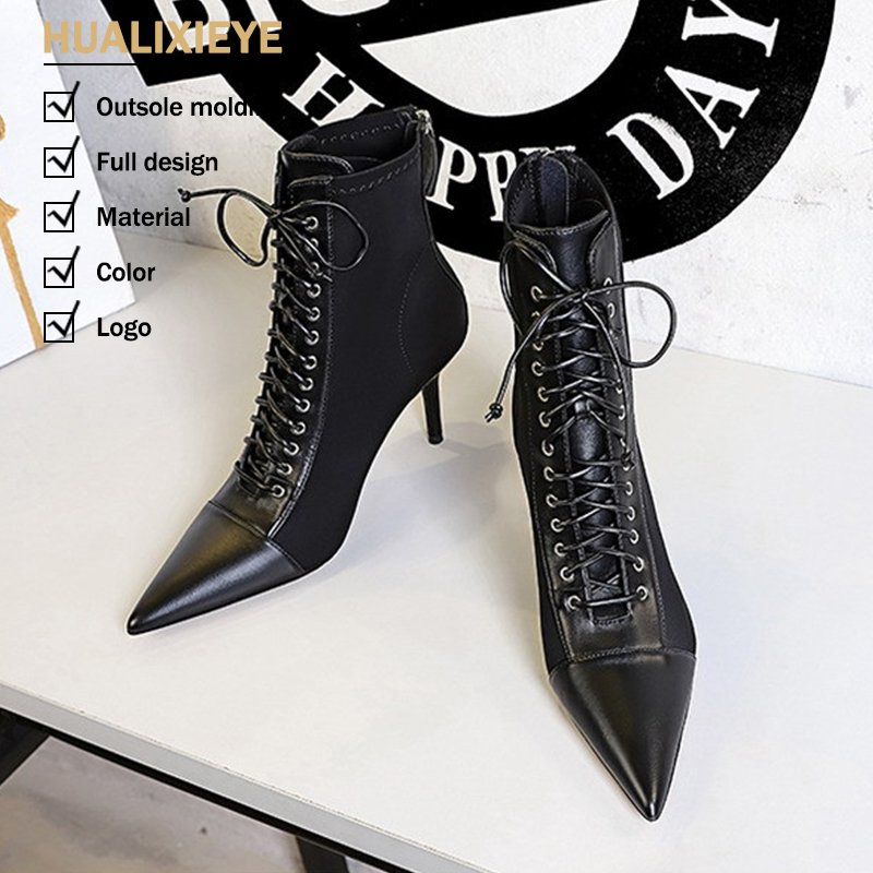 Custom Designer Bandage High Heels PU Insole Fashion Sexy for Winter Women's Pointed Toe Ankle Boots with Cross-Tied Lace