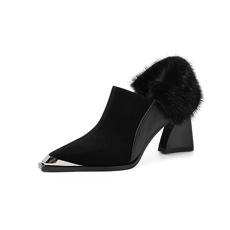 fashion ladies chunky heel ankle shoes Pointy toe winter high heel black color boots with fur for women wholesale bootie 2024