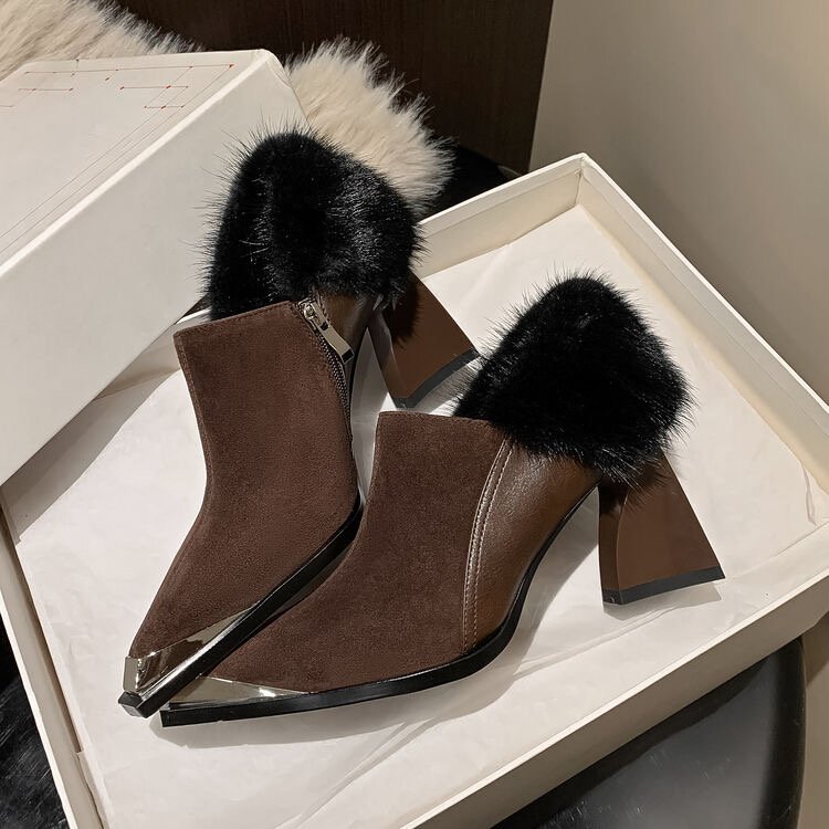 fashion ladies chunky heel ankle shoes Pointy toe winter high heel black color boots with fur for women wholesale bootie 2024
