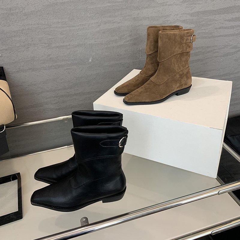 2024 new short boots natural wrinkle thin heel pointed fashionable all-match Street plus boots