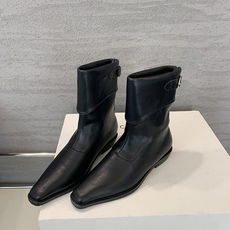 2024 new short boots natural wrinkle thin heel pointed fashionable all-match Street plus boots