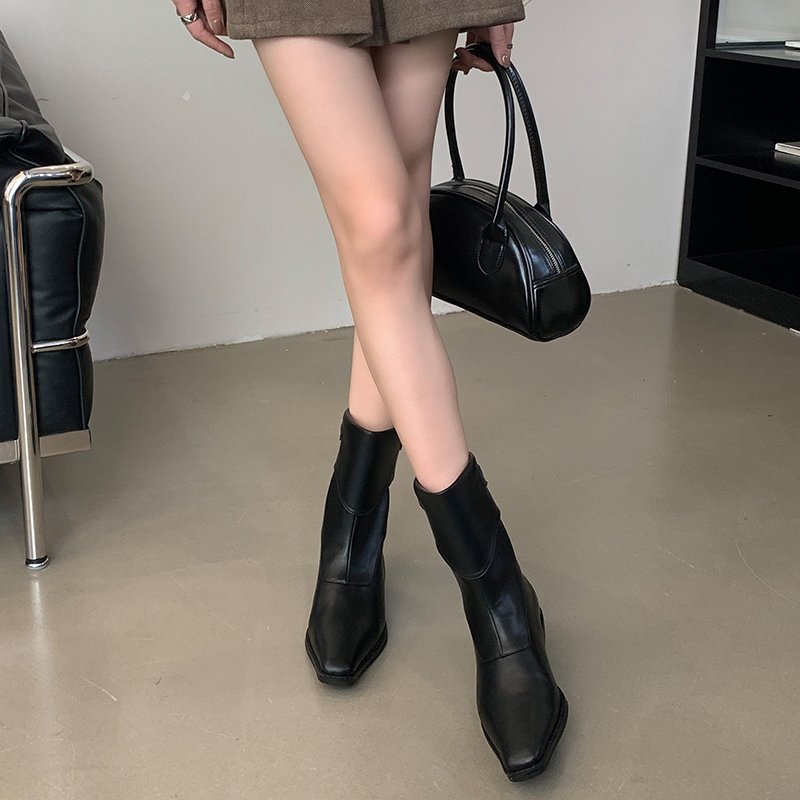 2024 new short boots natural wrinkle thin heel pointed fashionable all-match Street plus boots