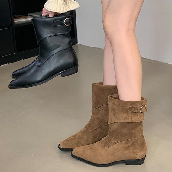 2024 new short boots natural wrinkle thin heel pointed fashionable all-match Street plus boots