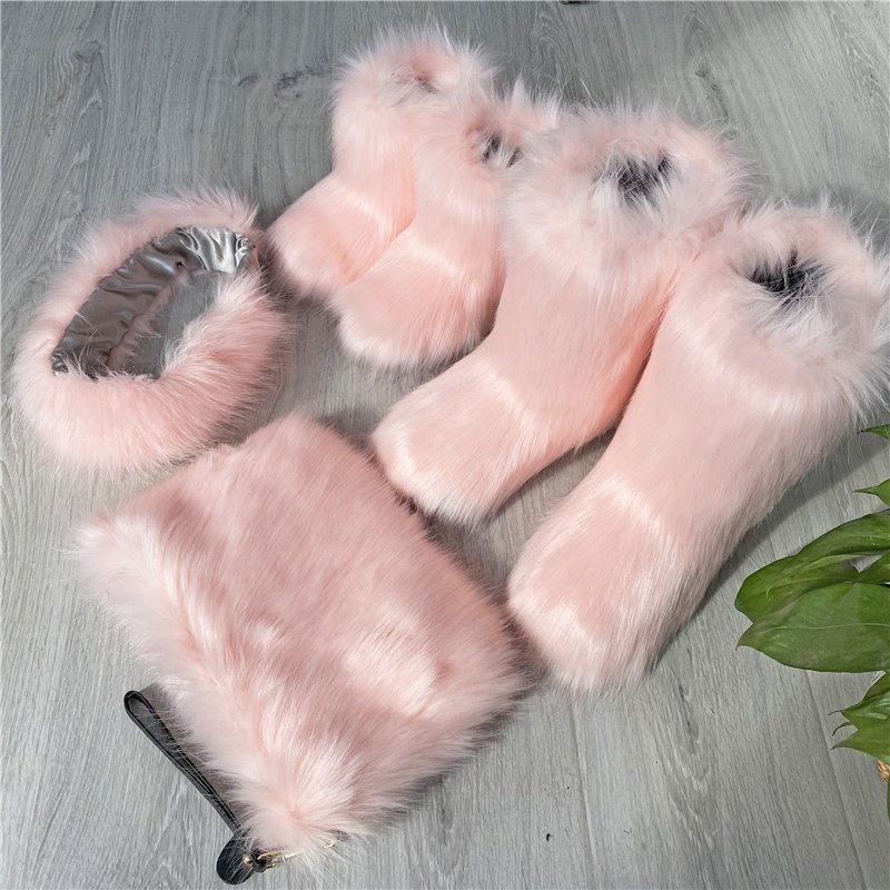 High quality faux fur winter snow boots headband and handbags set for women and kids outdoor warm new hot sale