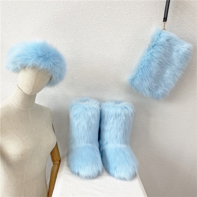 High quality faux fur winter snow boots headband and handbags set for women and kids outdoor warm new hot sale