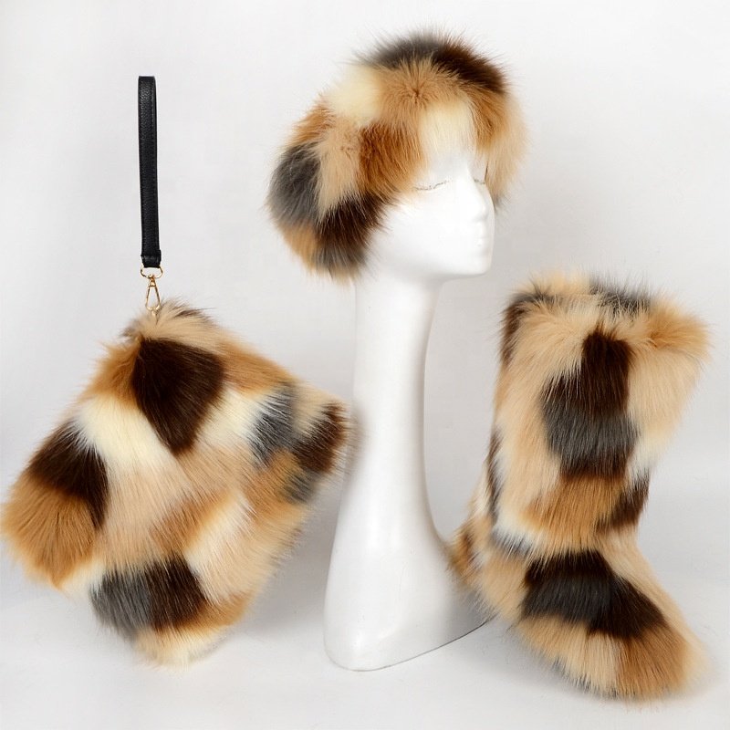 High quality faux fur winter snow boots headband and handbags set for women and kids outdoor warm new hot sale