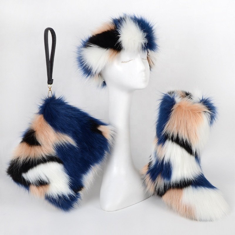 High quality faux fur winter snow boots headband and handbags set for women and kids outdoor warm new hot sale