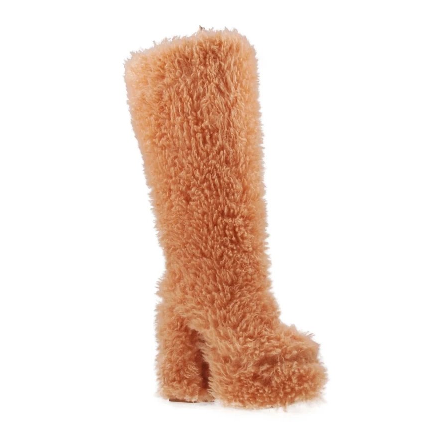 NSB052 Women Fashion New Fur Vegan Shearling Platform Chunky Heel Knee High Boot