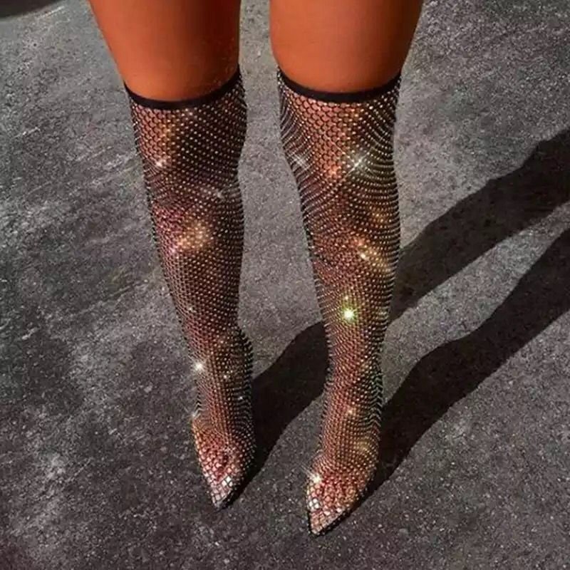 2023 stage performance cool boots summer mesh transparent knee boots women's rhinestone pointed long high socks boots