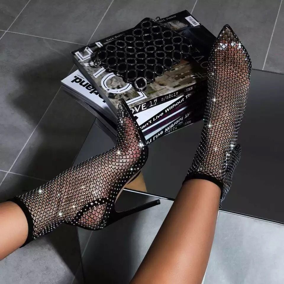 2023 stage performance cool boots summer mesh transparent knee boots women's rhinestone pointed long high socks boots