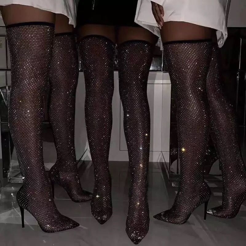 2023 stage performance cool boots summer mesh transparent knee boots women's rhinestone pointed long high socks boots
