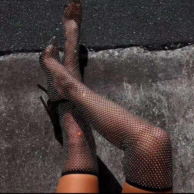 2023 stage performance cool boots summer mesh transparent knee boots women's rhinestone pointed long high socks boots