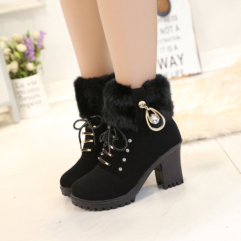 New Winter Women High Heels Shoes Warm Non-slip Block Cow Suede Warm Snow Boots Fashion Designer Crystal Plush Goth shoes