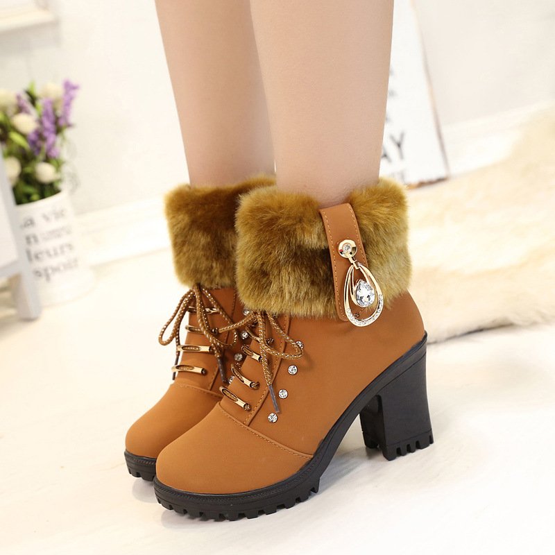 New Winter Women High Heels Shoes Warm Non-slip Block Cow Suede Warm Snow Boots Fashion Designer Crystal Plush Goth shoes