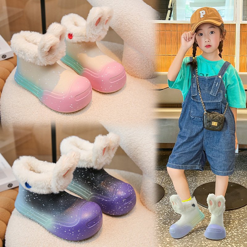 Anti slip Girls' Cute Bunny Ears EVA Waterproof Shoes Women and Children's Plush Lining Rain Boots