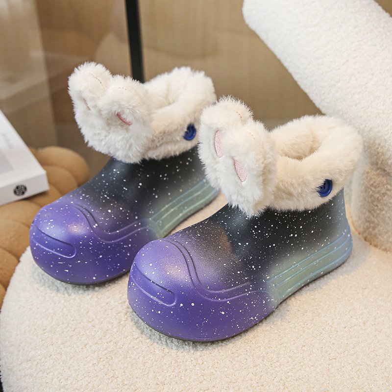Anti slip Girls' Cute Bunny Ears EVA Waterproof Shoes Women and Children's Plush Lining Rain Boots