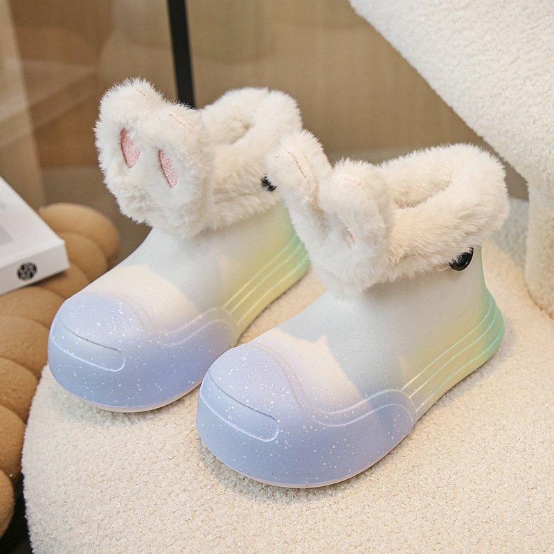 Anti slip Girls' Cute Bunny Ears EVA Waterproof Shoes Women and Children's Plush Lining Rain Boots