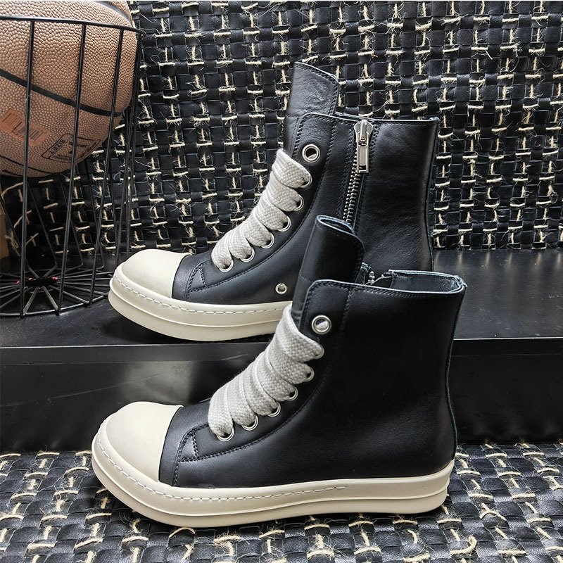 Round Toe Street High Top Board Sneakers Black Leather Casual Women Ankle Winter Shoes Women Zip Lace Up Motorcycle Boots