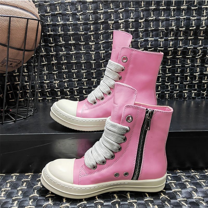 Round Toe Street High Top Board Sneakers Black Leather Casual Women Ankle Winter Shoes Women Zip Lace Up Motorcycle Boots