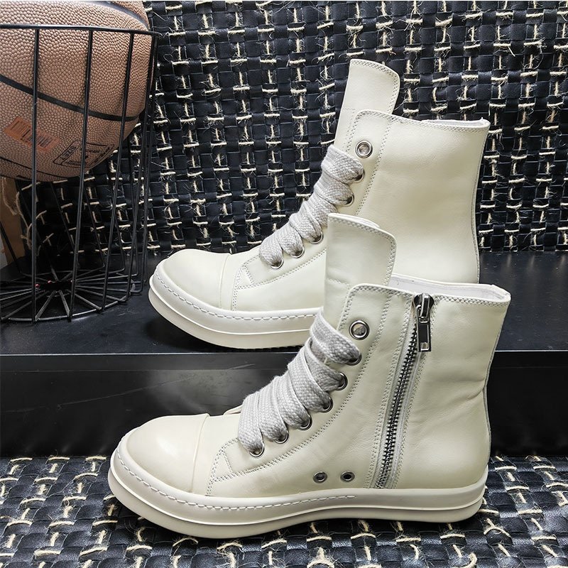 Round Toe Street High Top Board Sneakers Black Leather Casual Women Ankle Winter Shoes Women Zip Lace Up Motorcycle Boots