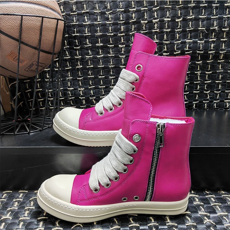 Round Toe Street High Top Board Sneakers Black Leather Casual Women Ankle Winter Shoes Women Zip Lace Up Motorcycle Boots