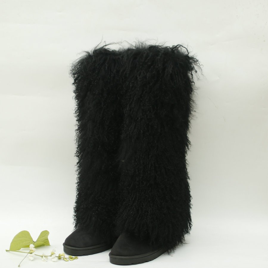 wholesale 50cm white real black mongolian fur upper long boots for women with heel and fur tall fur boots
