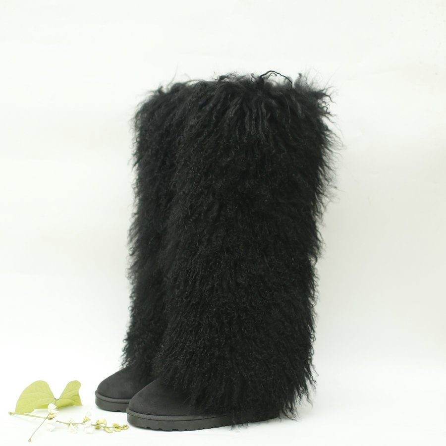 wholesale 50cm white real black mongolian fur upper long boots for women with heel and fur tall fur boots