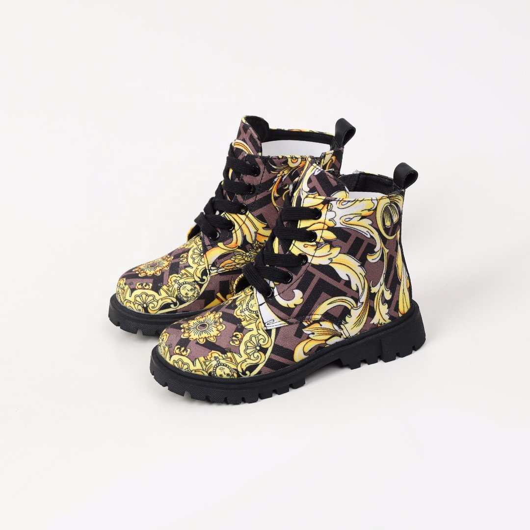 Designer shoes kids famous brands new style fashion print high-top boys boots latest round toe lace up Martin boots girls shoes