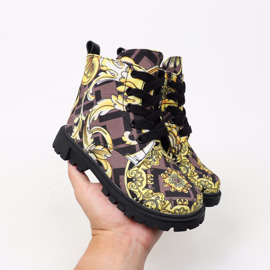 Designer shoes kids famous brands new style fashion print high-top boys boots latest round toe lace up Martin boots girls shoes