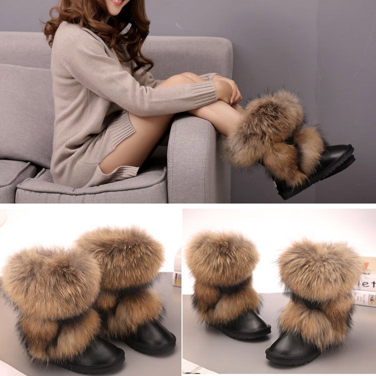 Plus Size Real Racoon Fur Boots Warm Casual Women Shoes Furry Genuine Leather Snow Women Winter Boots 2020