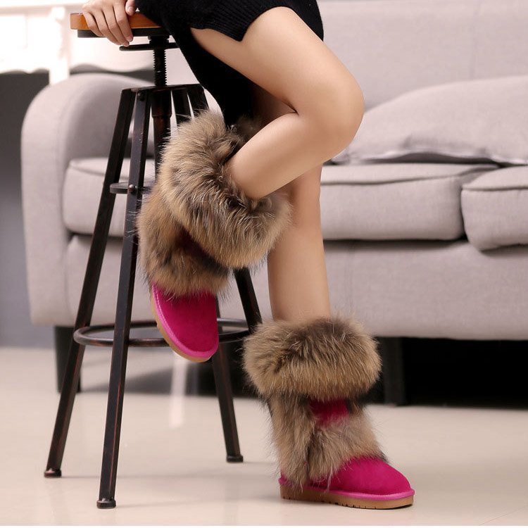 Plus Size Real Racoon Fur Boots Warm Casual Women Shoes Furry Genuine Leather Snow Women Winter Boots 2020