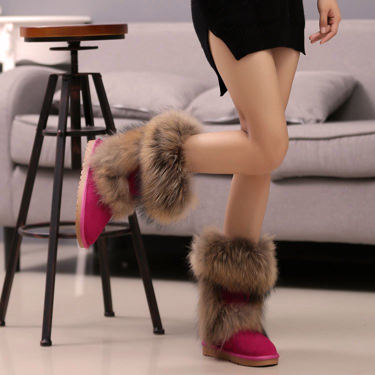 Plus Size Real Racoon Fur Boots Warm Casual Women Shoes Furry Genuine Leather Snow Women Winter Boots 2020