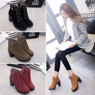 Martin boots women's lace up round head women's boots frosted thick high heels short boots