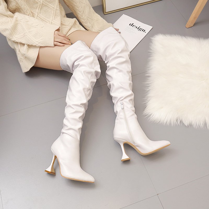 Botas Largas De Mujer Big Size Stocking Tube Fashion Kitten Heel Over the Knee White Thigh High Women Boots