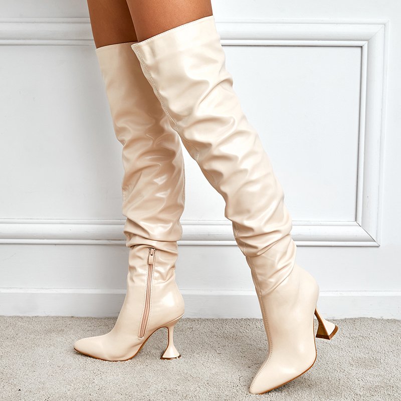 Botas Largas De Mujer Big Size Stocking Tube Fashion Kitten Heel Over the Knee White Thigh High Women Boots