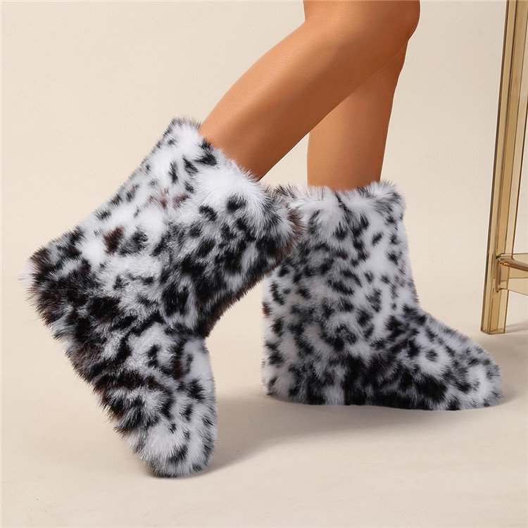Winter Women Fluffy Faux Fur Boots Woman Plush Warm Snow Boots Leopard Girls Furry Bottes Fashion Winter Shoes