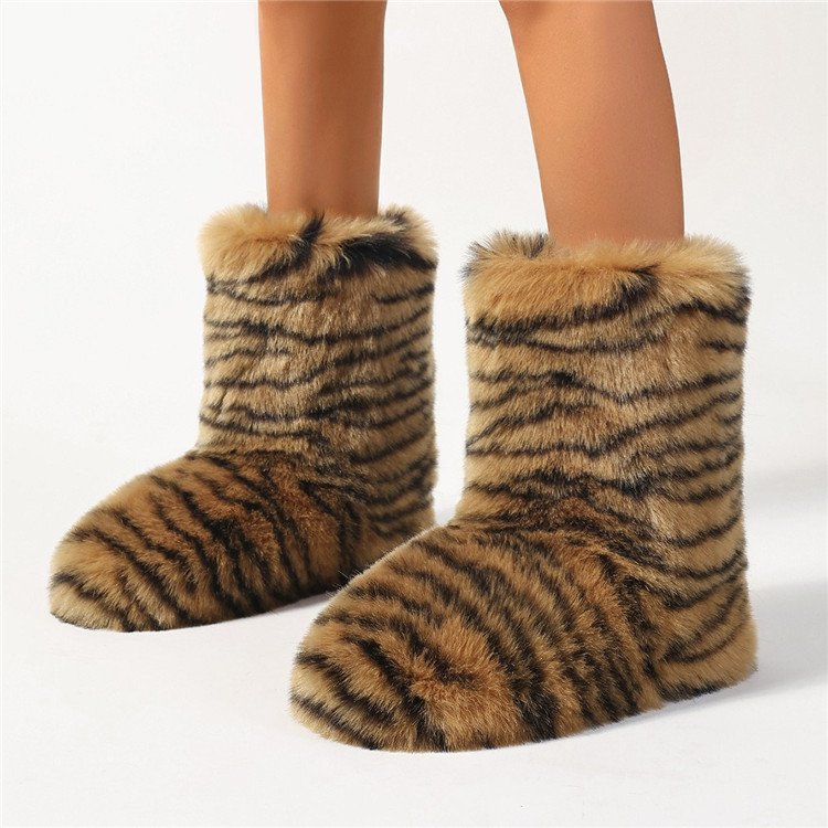 Winter Women Fluffy Faux Fur Boots Woman Plush Warm Snow Boots Leopard Girls Furry Bottes Fashion Winter Shoes
