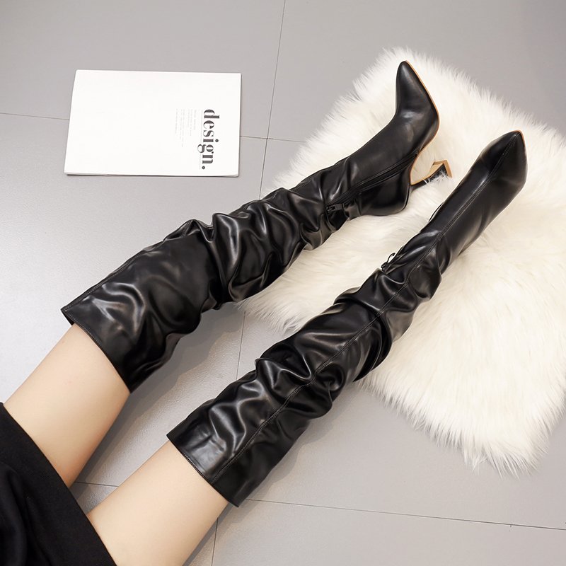 2025 winter long boots women's stiletto heel pointed toe knee boots shave legs and show thin wine glass heel women's boots
