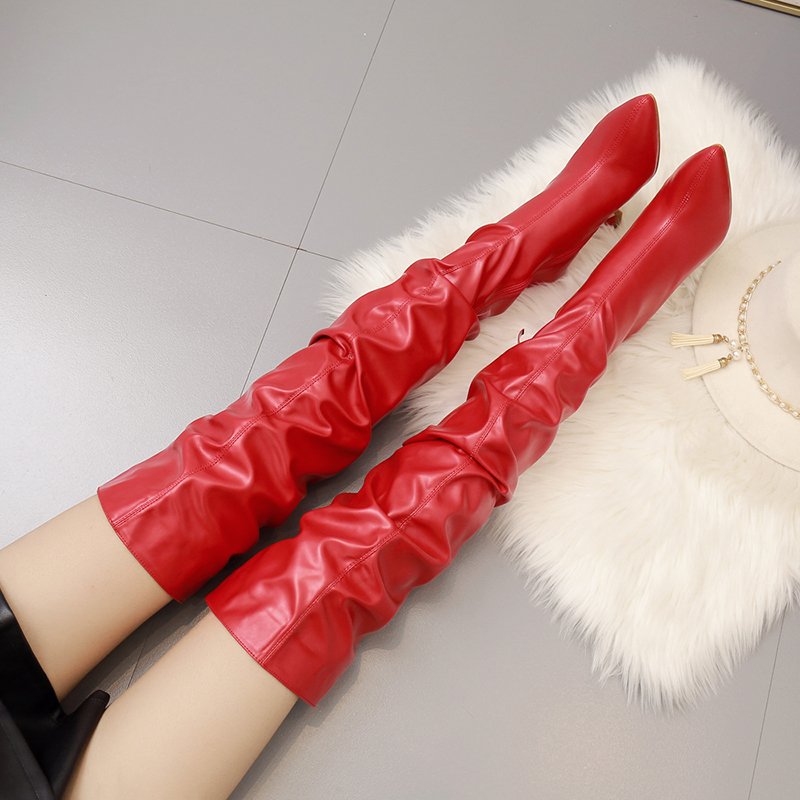 2025 winter long boots women's stiletto heel pointed toe knee boots shave legs and show thin wine glass heel women's boots