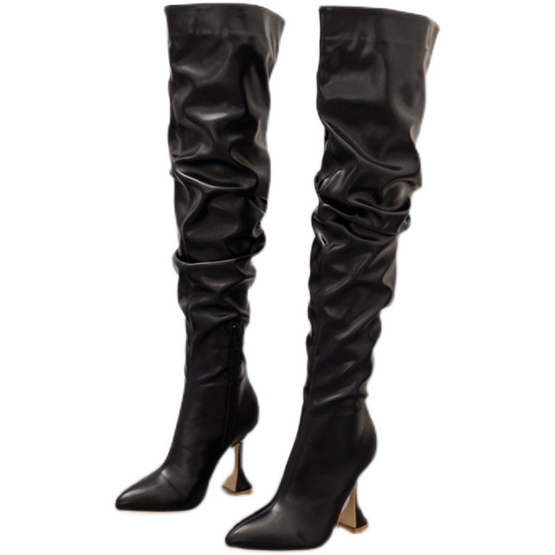 2025 winter long boots women's stiletto heel pointed toe knee boots shave legs and show thin wine glass heel women's boots