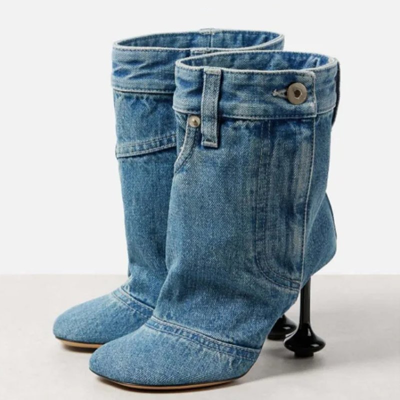 Irregular Custom Heels Women's Button Short Boots Square Toe Denim Sewing Ankle Booties Stage Designer Wide Top Shoes