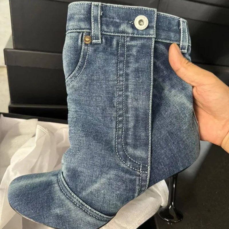Irregular Custom Heels Women's Button Short Boots Square Toe Denim Sewing Ankle Booties Stage Designer Wide Top Shoes