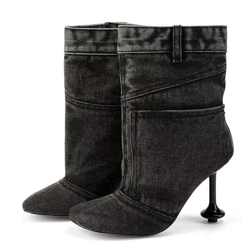 Irregular Custom Heels Women's Button Short Boots Square Toe Denim Sewing Ankle Booties Stage Designer Wide Top Shoes