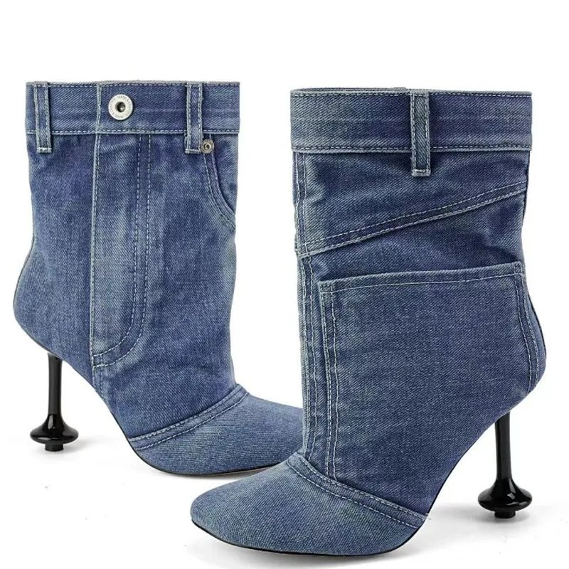 Irregular Custom Heels Women's Button Short Boots Square Toe Denim Sewing Ankle Booties Stage Designer Wide Top Shoes
