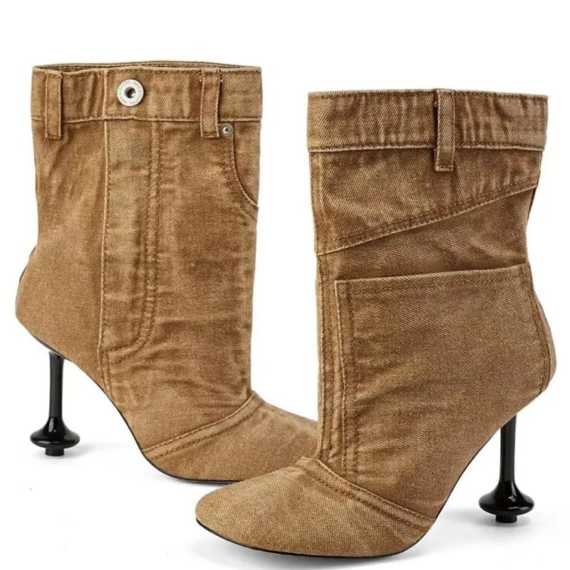 Irregular Custom Heels Women's Button Short Boots Square Toe Denim Sewing Ankle Booties Stage Designer Wide Top Shoes