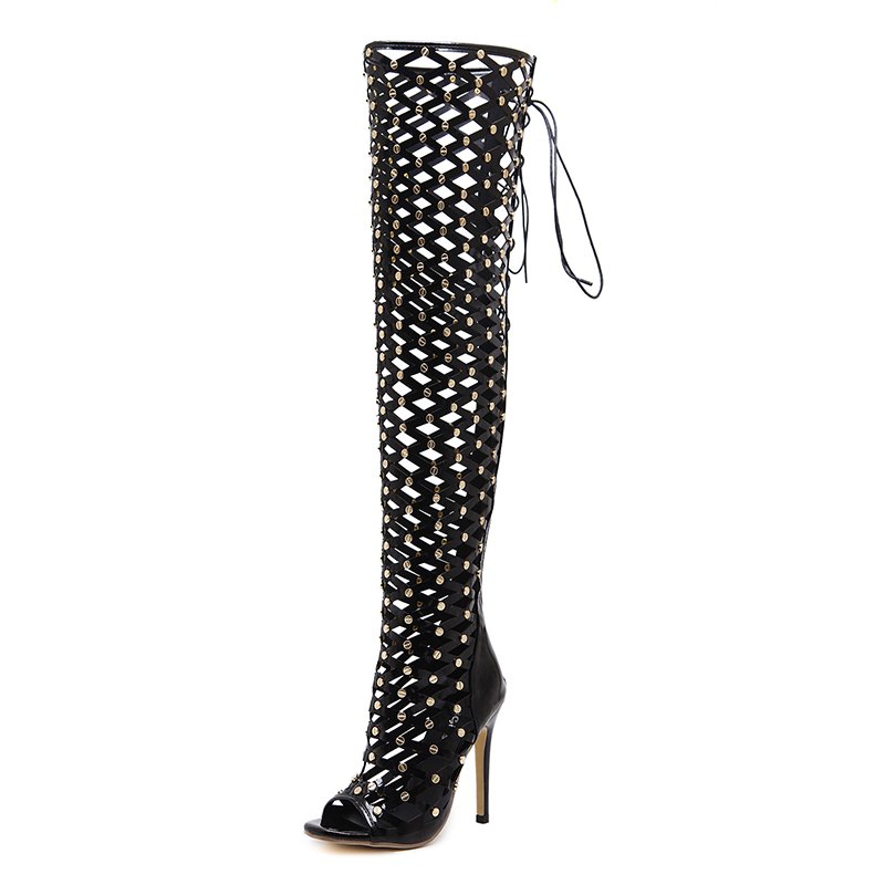 Sexy Lady Summer Lace Up Hollow Out Boots Peep Toe Over Knee Stiletto Boots