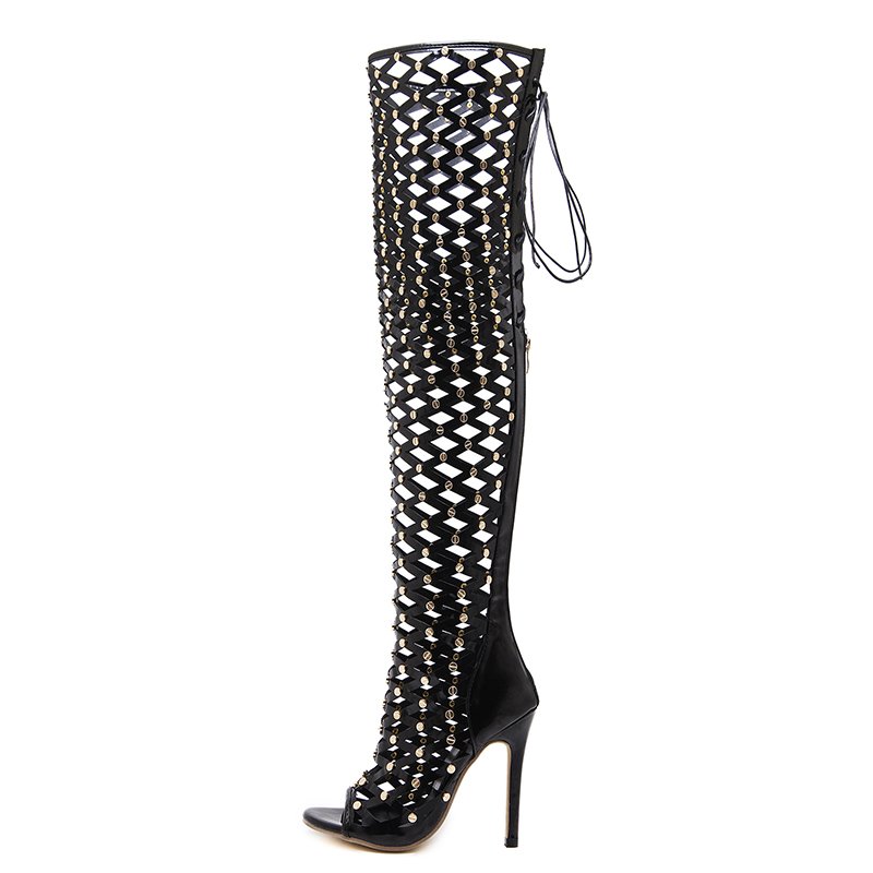 Sexy Lady Summer Lace Up Hollow Out Boots Peep Toe Over Knee Stiletto Boots
