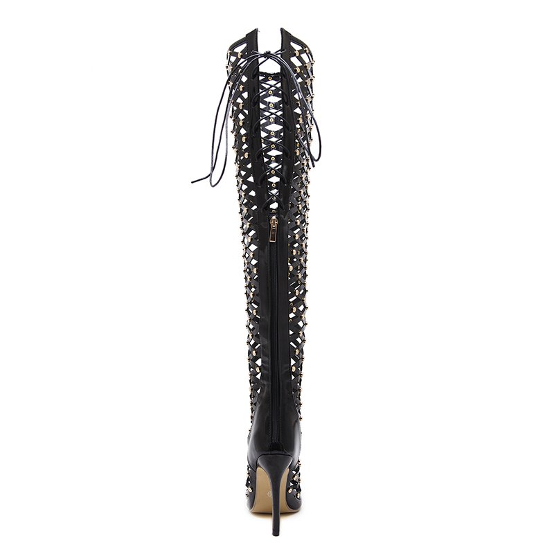 Sexy Lady Summer Lace Up Hollow Out Boots Peep Toe Over Knee Stiletto Boots