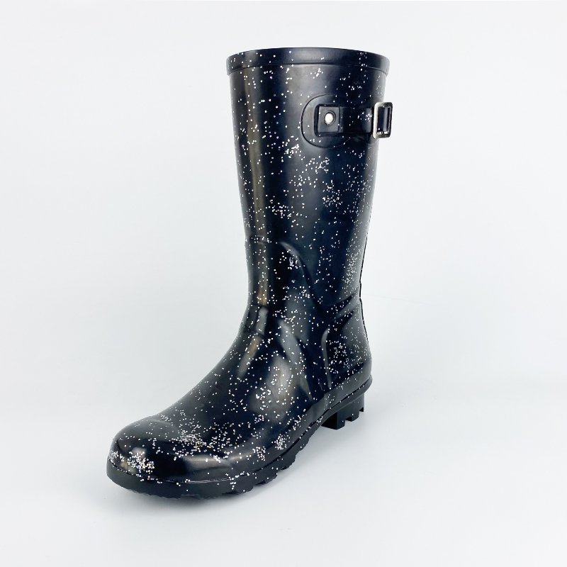 Fashion glitter mid calf women gumboots waterproof wellington rubber rain boot with heel
